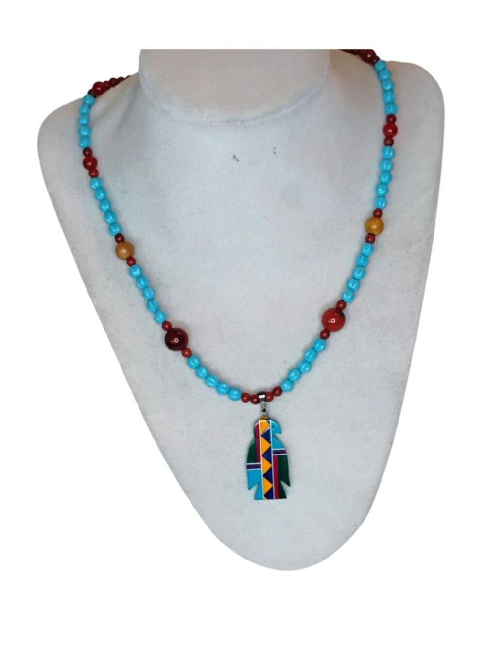 Inlay Thunderbird Fetish Pendant Necklace Turquoise Melon Beads & Blood Jasper - Picture 2 of 9